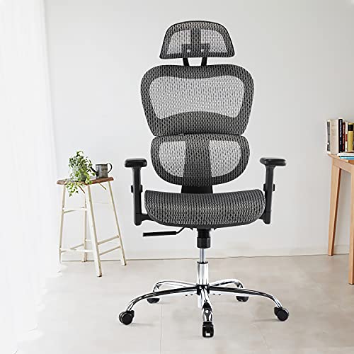 Image of Ergonomic Chair, High Back Executive Style, Modern Office Chair with Lumbar Support, Breathable Mesh Covering, Fully Adjustable Armrests, Height and Headrest, Grey