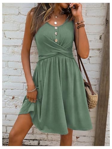 SweatyRocks Women's Twist Button Front A Line Short Dress Scoop Neck Sleeveless Flared Dresses4
