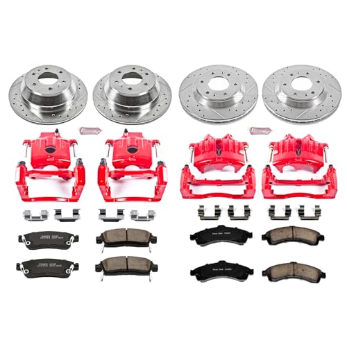 Image of PowerStop Front and Rear Brake Kit for Buick Rainier 2004-05 |Chevrolet Trailblazer 2002-05 - Carbon-Fiber Ceramic Brake Pads + Drilled & Slotted Rotors + Red Powder Coated Calipers, KC2058
