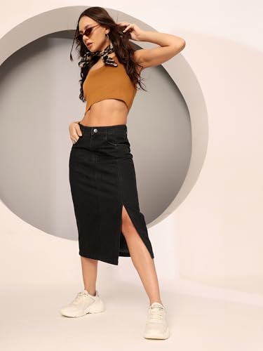 Image of Dolce Crudo Women's Flared High-Rise Stretchable Denim Maxi Skirt