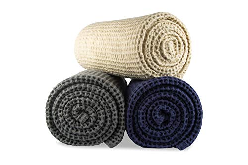 Organic Cotton Knitted Throw Blanket – Cool Throw Blankets for Couch – Gray Lightweight Throws for Summer – Waffle Weave Throw Blanket for Bed, Picnic, Adults & Toddlers (50”x60” – Gray)