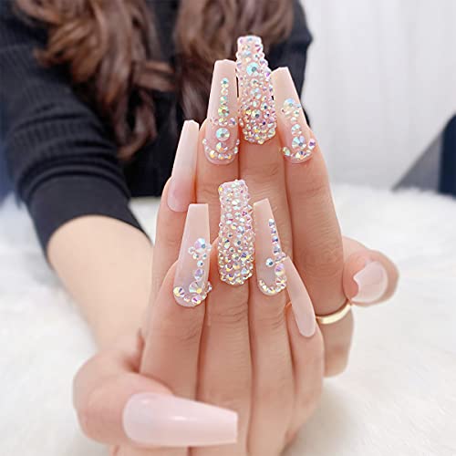 24 Pcs Rhinestone Press on Nails Coffin Long Length, False Nails Ballerina Fake Nails Medium Length Nail Salon Acrylic Nails Tips Manicure Kit with Nail Glue and Nail File for Women (Style 1)