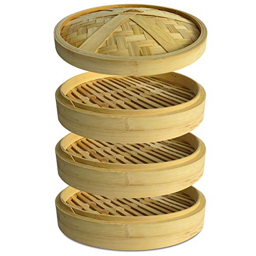 3 Tiers Large 10 Inches Diameter Natural Bamboo Steamer With Lid and 100 Sheets Of Paper Liner, Perfect For Healthy Cooking Of Dumplings, Meat And Vegetables