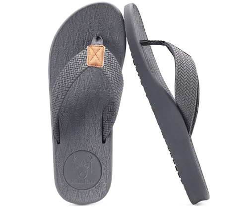 Image of KuaiLu Mens Flip Flops Arch Support Comfortable Cushion Memory Foam Recovery Walking Waterproof Leather Thong Sandals Orthotic Plantar Fasciitis Summer Casual Beach Pool Slip on Slippers Grey Size 11
