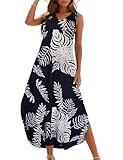 Picture of Zilcremo Women's Summer Casual Loose Sundress Long Dress Sleeveless V Neck Split Tshirt Maxi Dresses Beigeleaf S