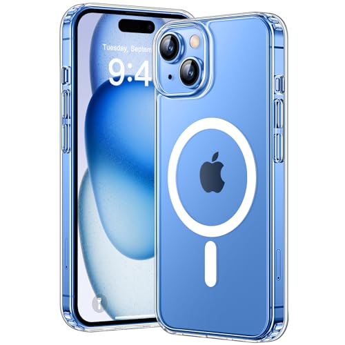 CANSHN Funda Magnética para iPhone 15, Carcasa Bumper Teléfono Antigolpes, Parte Trasera Transparente Anti-Arañazos (Transparente)