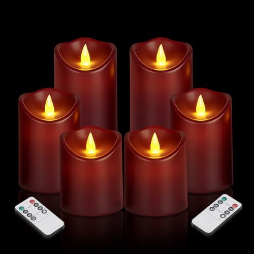 Image of Artmarry Flameless Candles 4 inch 5 inch 6 inch Set of 2 /3 /6 Outdoor Indoor Pillars Battery Operated Flickering Candles (Burgundy Candle - Moving Flame, 3 inch D X 4 inch|5 inch|6 inch H - 6 Pack)