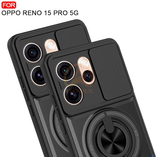 Image of Oppo Reno 15 Pro 5G Back Cover | Armor Camera Slider 360 Degree Rotating Finger Ring Holder Case with Bracket Stand Back Case Cover (Compatible with MagSafe Accessories) (Black)