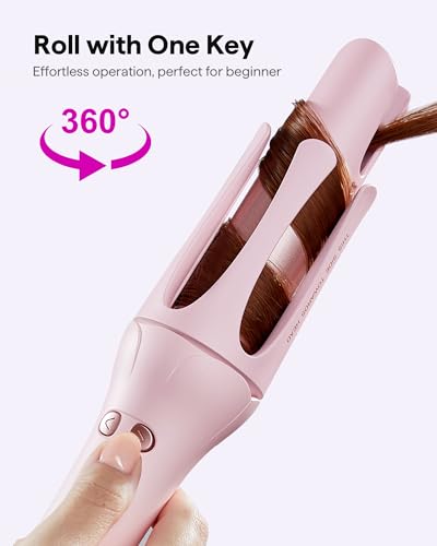Automatic Hair Curler for Effortless Curls, Dual Voltage & Lightweight for Travel (1.25 Inch, Pink)