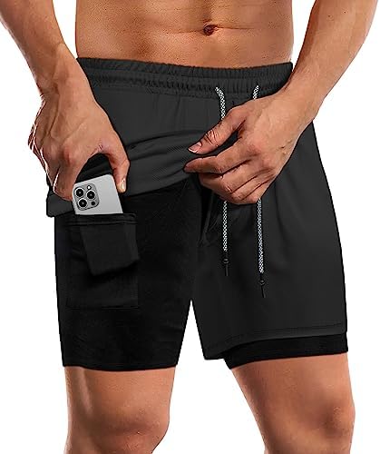 Fasker Mens Workout Shorts, 2 in 1 Mesh Quick Dry Athletic Shorts 7" Gym Yoga Running Shorts with Pockets,Black,M