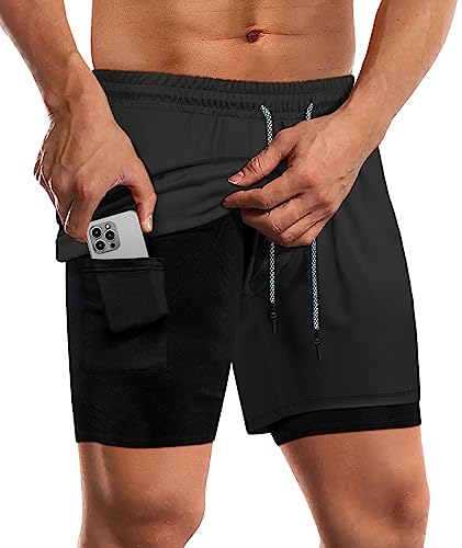 Fasker Mens Workout Shorts, 2 In 1 Mesh Quick Dry Athletic Shorts 7" Gym Yoga Running Shorts With Pockets,Black,M #TOP11