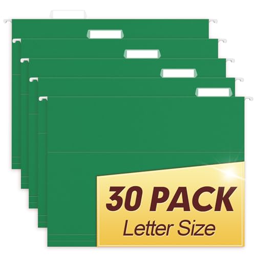 HERKKA Hanging File Folders, 30 Pack Reinforced Letter Size Hanging Folders, Designed for Bulky Files, Filing Cabinet, 1/5-Cut Adjustable Tabs (Green)