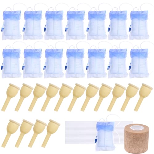 15 Set External Catheter Kit Condom Catheter Include 15 Pieces 1000ml Urinal Bags, 15 Pieces Soft Condoms, 1 Rolls 2 inch Tape (35 mm)