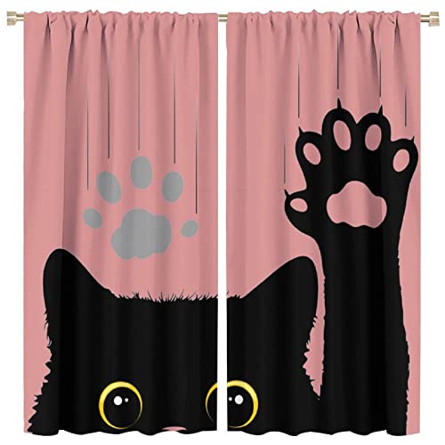 Cute Cat Blackout Curtains Lovely Cartoon Animal Cat Paw Print Black Pink Art Print for Kids Girls Bedroom Living Room Kitchen Decor Rod Pocket Window Drapes 2 Panels 42x45in