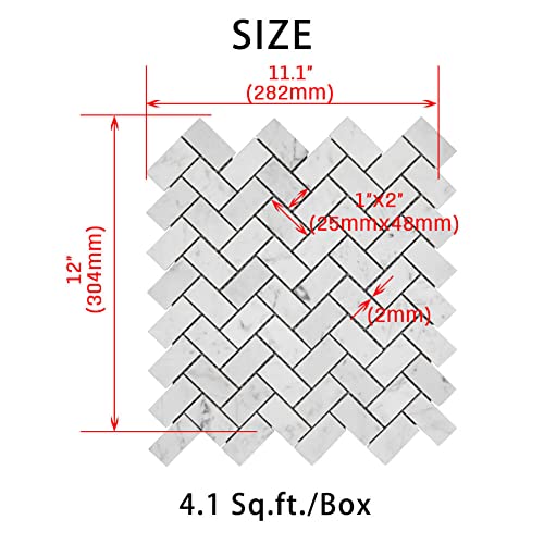 Adolif Carrara White Marble Mosaic Tile, 100% Natural Marble, Honed, Carrara White Marble Mosaic For Kitchen Bathroom Wall Floor Backsplash Shower, 5 Sheets, 1×2 Inch Herringbone #TOP3