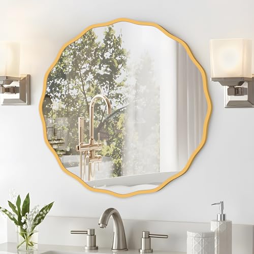 Image of FUWU HOME Round Mirror for Wall Decorative 20 inch Modern Gold Wavy Mirror Whit Wood Frame Circle Wall Mirror for Bathroom Bedroom Living Room Home House Office Entryway