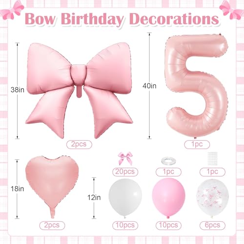 Image of 5th Birthday Decorations for Girl,Pink 5 Balloons for Party Decorations | 5 Year Old Birthday Decoration,Anniversary Party Decor,Pink White Balloons,Bow Print Balloons,Heart Balloons