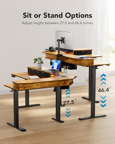 Image of HUANUO 65″ L Shaped Standing Desk with 3 Drawers, Vintage Brown | Built-in Power Outlets, LED Strip, Smooth Electric Height Adjustment, 4 Memory Presets, 220 lbs Capacity, Power Strip Holder