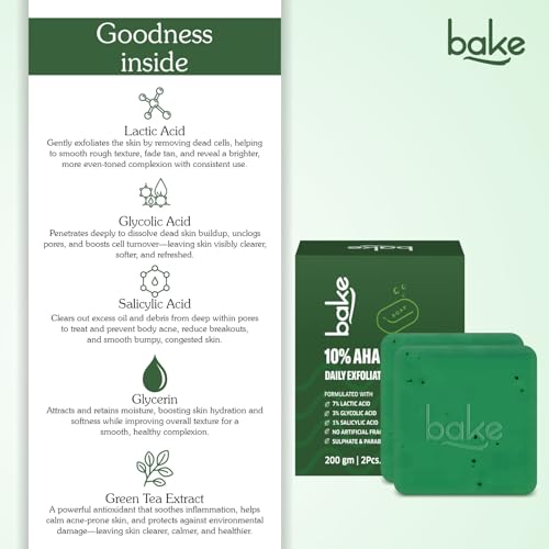 Image of BAKE 10% AHA + 1% BHA Scrub Treatment Soap with Lactic Acid, Glycolic Acid, 1% Salicylic Acid | For Clogged Pores, Exfoliation, Strawberry Skin & Bright Underarms | Soap for Women & Men | 100g x 2 (Pack of 2)