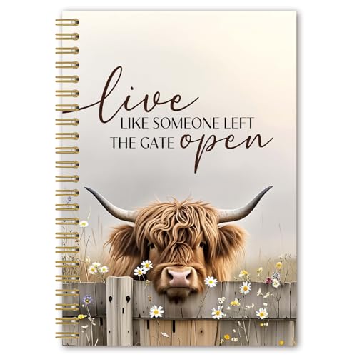 BEHIFL Rustic Highland Cow Spiral Notebook, Highland Cow Gifts Journal, Farmhouse Daisy Flower Heifer Notebook, Live Like Someone Left the Gate Open Cows Journal, 5.5x8.3 Inches