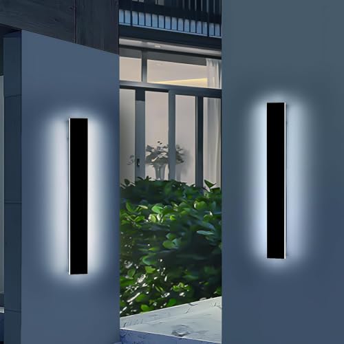 Image of 2 Pack 23.6inch Long Outdoor Led Wall Light, IP65 Waterproof Black Outside Porch Light, 6000K Cold White, 24W, Modern Exterior Wall Sconces Lighting for Garage, Patio, House, Garden