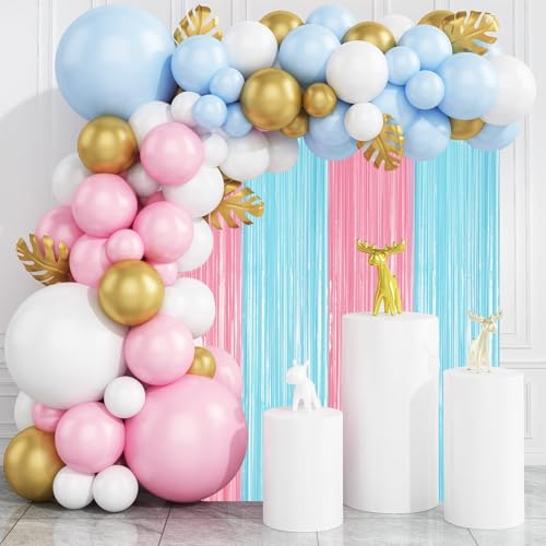 Image of Voircoloria 2 Pack Pastel Blue and Pink Foil Fringe Backdrop Curtains, Tinsel Streamers Party Decorations, Fringe Backdrop for Gender Reavel, Baby Shower Party