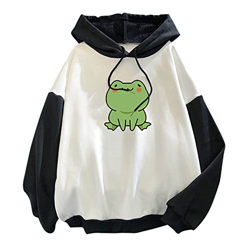 Akklian Women's Fashion Pullover Hoodies Cute Frog Print Trendy Teen Girl Coat Drawstring Loose Fit Winter Thermal Sweatshirt