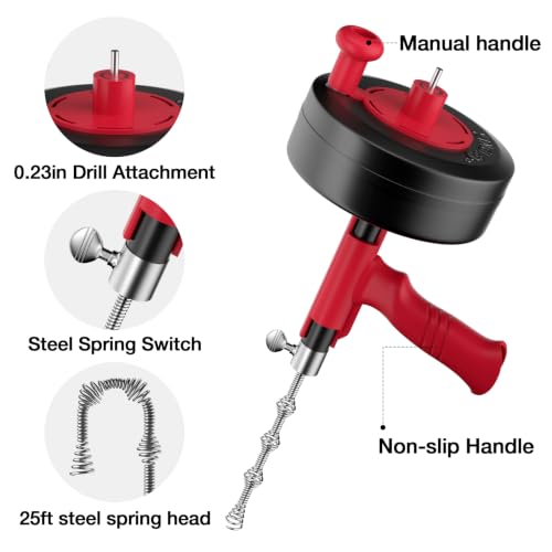 Drain Snake, 25ft Flexible Steel Drain Auger With Drill Adapter, Plumbing Unblocking Hand Auger, Manual Or Powered for Shower & Bathtub Clogs-No auto retract or feed by KINGLEV - Used condition - Image 2