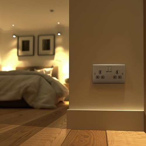BG Electrical Double Switched Power Plug Wall Socket, Nexus Metal, Brushed Steel, Grey Inserts, 13A, NBS22G