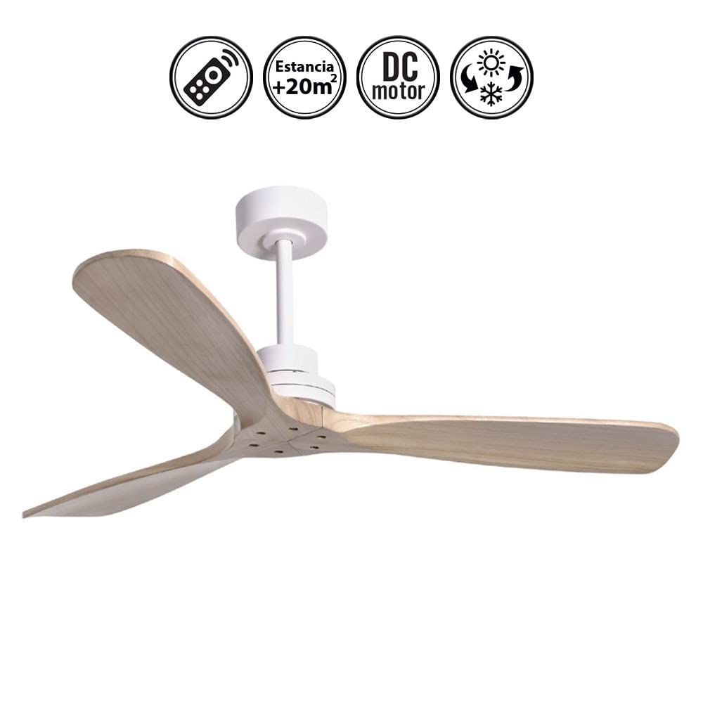 Ventilador de techo de madera natural, para exterior ip44, Nati, motor DC mando a distancia, sin luz, claro
