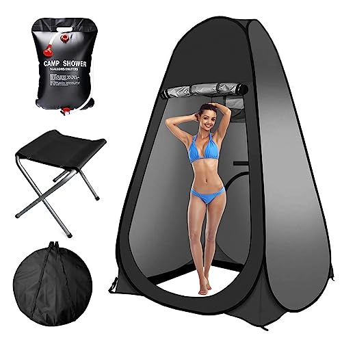 Petgin Pop Up Tent Upgrade Privacy Shower Tent Portable Outdoor Sun Shelter for Toilet Camping Biking Beach-Black,with Folding Chair & Shower Bag