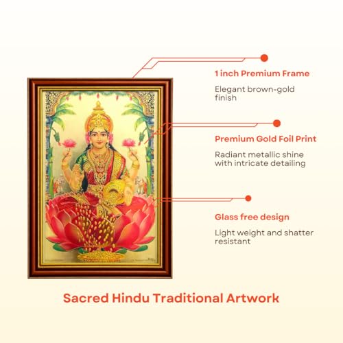 Image of Paramporul Gallery Lakshmi in Pink Saree Gold Foil Photo Frame for Pooja Room, Hindu God Wall Decor, Ready to Hang, 10x14 Inch