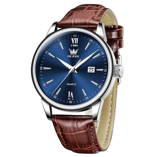 OLEVS Brown Leather Watches for Men Blue Face Dress Large Face Brown Watch Leather Band Easy to Read Luxury Waterproof Men’s Wrist Watch with Date Relojes para Hombres