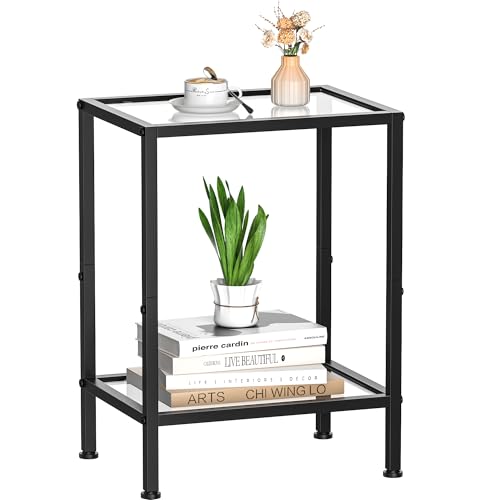 Glass Side Table, Tempered Glass End Table, 2-Tier...