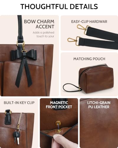 Image of Laptop Tote Bag for Women, Leather Work Tote with Padded Laptop Compartment, Cup Holder, Office Computer Briefcase