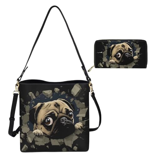 Image of HUGS IDEA Leather Purses and Handbag for Women Bucket Bag with Wrist Wallet 2 Packs