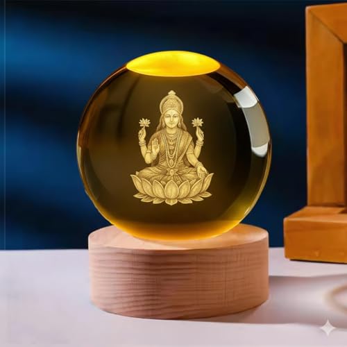 Image of COVACURE 3D Lakshmi Devi Idol Crystal Ball Night Lamp Creative Engraved 2.4 Inch Glass Ball Goddess Laxmi MATA Murti Crystal Ball Night Light, USB Table LED Wooden Glass Ball for Home, Office