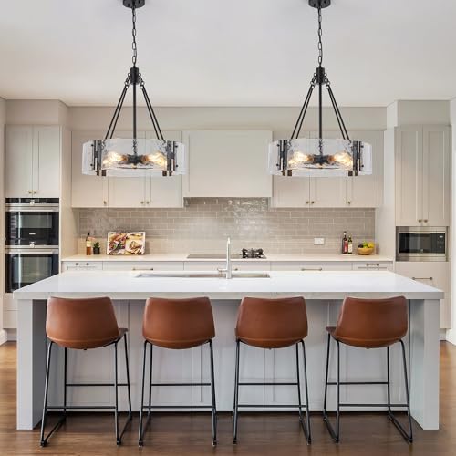 Febeleven 5-Lights Modern Glass Drum Chandelier Light Fixture 19.29" Black Pendant Light Over Table Adjustable Hanging Light Fixtures for Dining Room Kitchen Island and Foyer by Febeleven - Image 6