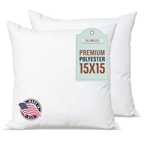 Pillowflex Premium Polyester Pillow Insert – 15x15 - Square Pillows Form, Machine Washable, Soft Sham Supports, Decorative Form for Covers and Throw Pillows, Hypoallergenic - Made in USA - 2 Pack