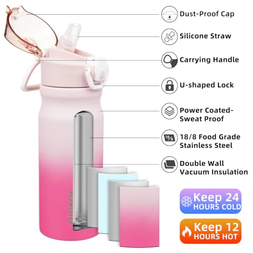 Image of BJPKPK 18 oz Water Bottle with Straw & Handle, Insulated Stainless Flask | Leak Proof Locking Lid, Thermal, Double Wall Vacuum, Keeps Hot /Cold, Dishwasher Safe, Travel & Sports, Cherry Blossom