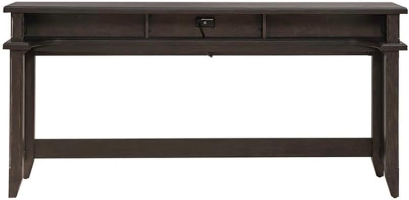 Pemberly Row 4-Piece Console Bar Table Set, Saddle Brown Finish, Rubberwood & Split Heart White Oak, Table with Charging Station & 3 Upholstered Stools, Tobacco Leather Fabric, Rustic Style Dining or
