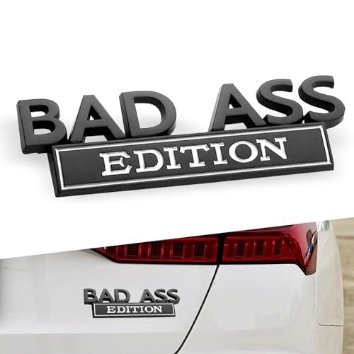 Image of Pack-1 Car 3.93 inch x 1.34 inch Fender Badge Sticker, Bad Ass Edition Alloy Anti-Rust Personalized Decoration, 3D Stereoscopic Tailgate Front Grille Hood Decal, Universal for Cars (Black & White)