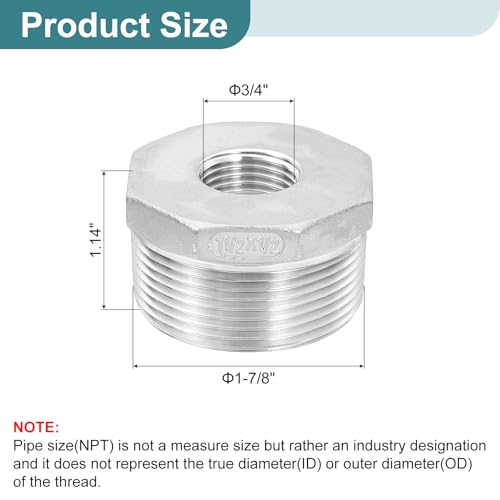 Image of uxcell 1Pcs 1-1 /2 inch Male NPT to 1 /2 inch Female NPT 304 Stainless Steel Reducer Hex Bushing, Reducing Cast Pipe Adapter Fitting for industrial, oil /gas, water, HVAC, and plumbing systems