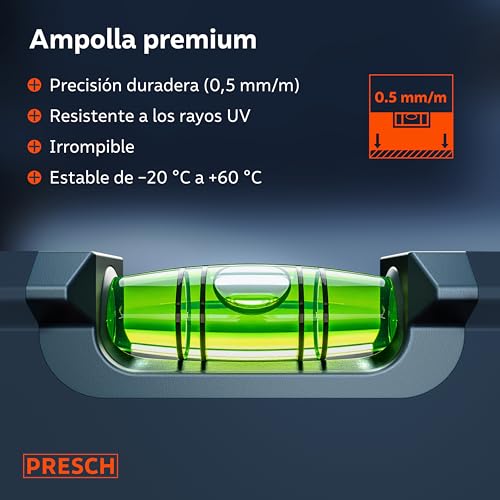 Miniatura 8 de Presch Juego De Niveles Magnéticos 3 Pzs. - 40cm, 60cm Y 100cm - Ampolla Irrompible Con Pendiente 2 - Ventana De Lectura Vertical - Tapones Antideslizantes Innovadores - Niveles De Burbuja