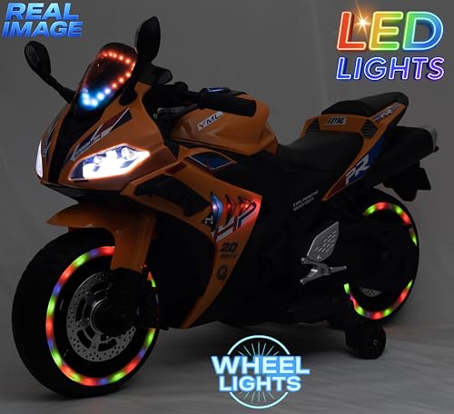 Image of Wishmaster Kids Battery Operated Ride-On Super Bike | Electric Rechargeable Bike for Boys & Girls 2-8 Years | Lights, Music, Training Wheels, | 100% Ready to Use Assembled (Blaze Orange)