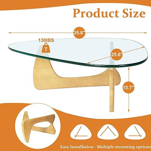 Pritiy Triangle Coffee Table With Wooden Base Clear Glass Top Mid-Century Glass Table Abstract End Table For Living Room Home Office (Raw Wood/Transparent, Medium 35.8 * 25.5 * 16In) #TOP4