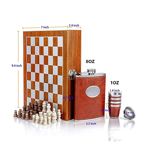 Gennissy 9.4" Wooden Chess 8Oz Brown Leather Hip Flask Set - Stainless Steel Flasks With Funnel And 4 Cups Gift Box #TOP5
