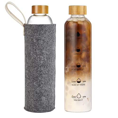 Zebeiyu 32Oz Glass Water Bottle,Borosilicate Glass Drinking Bottles With Time Marker,Bamboo Lids,Felt Sleeve,Dishwasher Safe,Reusable,Leak-Proof,Bpa Free For Office,Sports,Gym,Travel (Pack1) #TOP6