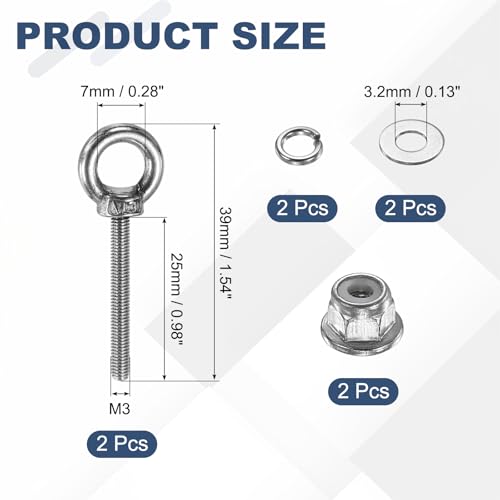 Image of PATIKIL M3 x 25mm Shoulder Eye Bolt, 2 Pcs 304 Stainless Steel Lifting Ring Threaded Eye Bolt with Flange Lock Nuts Spring and Flat Washers for Hanging Tie Down Straps Outdoor Indoor