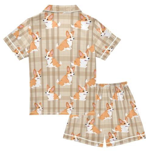 ALAZA Plaid Check Puppy Dog Satin Pajamas Set Short Sleeve Button Down Sleepwear Summer Pjs 2 Piece2